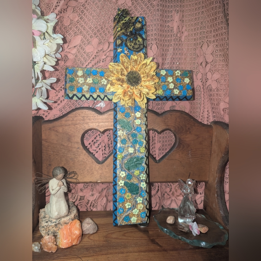 Handcrafted Floral Sunflower Cross Wall Art - Blue & Yellow